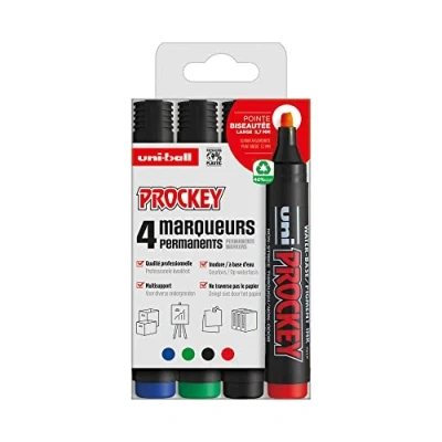 Bild av Uni Ball Prockey Mitsubishi Pencil permanent markör, luktfri, PM126, multihållare, vattenbas, bred fasad spets, 5,7 mm, nollförpackning av plast, 4 färger