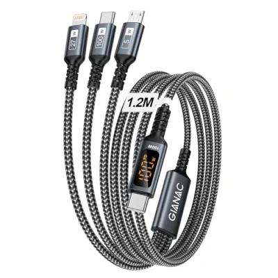 Bild av 100 W USB C till multi laddningskabel [1,2 m] 3 i 1 snabbladdningskabel med E Mark Chip [100 W] micro[10 Lightning[27 LED display för