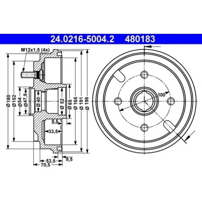 Bild av ATE 24.0216 5004.2 Tambours de Frein sans roulement roue, bague ABS, avec boulon fix roue 196,0