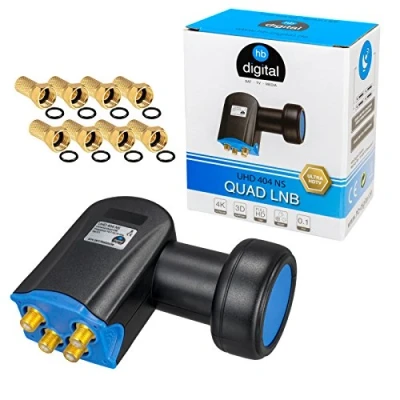 Bild av LNB (lågbrusblock nedkonverterare) LNC (lågbrusomvandlare) Full HD TV 3D med guldpläterade kontakter och avtagbart väderskydd i HB DIGITALt set gratis F Quad Ultra HB_UHD_404_NS