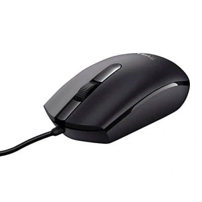 Bild av Trust Basi datormus med optisk sensor, 3 knappar, trådbunden mus för vänster och högerhänta användare, 160 cm kabel, Plug &amp; Play USB PC, bärbar dator, Mac svart