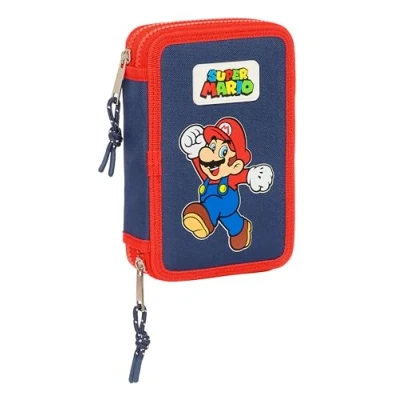 Bild av Super Mario World Skolfodral för barn, Färgfodral, med 28 hjälpmedel ingår, perfekt barn från 5 till 14 år, bekvämt och mångsidigt, kvalitet styrka, 12,5 x 4 19,5 cm, Marinblå,