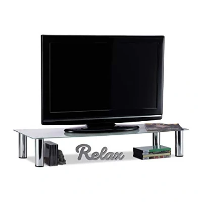 Bild av Relaxdays bord, förkromade metallben, rektangulärt TV stativ, glasbordsskiva, vit/silver, 100 x 35 17 cm