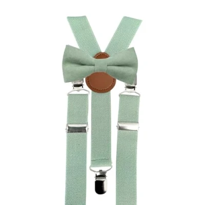 Bild av barn pojkar bomullsblandning fluga och hängslen set, Salvia grön eukalyptushängslen, Bow Tie: Length 10cm, width 5cm