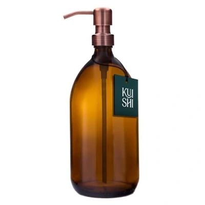 Bild av Kuishi Amber Glass pumpflaska med rostfritt stålpump [1000 ml brons], bärnstensfärgad tvåldispenser påfyllningsbara bruna glasflaskor idealiska för handtvätt, schampo, balsam, duschgel (BPA fri)