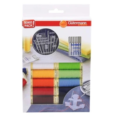 Bild av Gutermann Creativ Alla Tygers Tråd Låda med 10 100 m spolar, 30 PRYM handsömnadsnålar och 5 SCHMETZ universalmaskinnålar, olika färger
