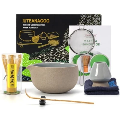 Bild av TEANAGOO japanskt teservis (7 st), Matcha vispset, skål med hällpip, Bambu visp (chasen), skopa (chashaku), visphållare, tekokningssats. N2, Darker Grey, Green Tea Powder