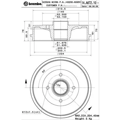 Bild av BREMBO 14.A672.10 Tambours De Frein sans bague ABS 203 NISSAN: Note I, MICRA 3