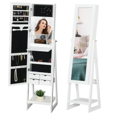 Bild av HOMCOM Smyckesskåp med LED spegel, smyckesförvaring på stativ, flera förvaringsytor, dim. 40 l x 37 161 cm, vit