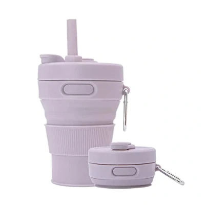 Bild av UNNESTAR Silikon kaffemugg hopfällbara koppar för camping vikning resor med sugrör återanvändbara bärbara dryckeskoppar utomhus vandring 450 ml (lila ml, 1)