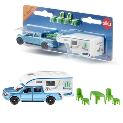 Bild av siku 1693, Ford F150 Pick up Camper, Metall,plast, Blå,vit, ett bord, två stolar och pallar ingår, Utdragbar markis