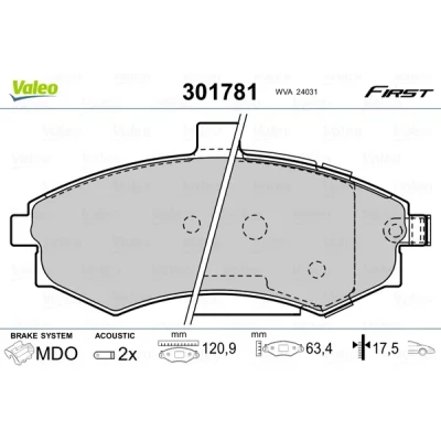 Bild av VALEO 301781 Jeu de plaquettes frein FIRST Essieu avant contact signal d&#039;usure inclus avec tôle anti bruit HYUNDAI: Matrix, Grand Santa Fé