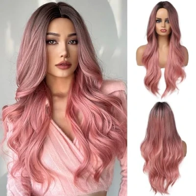 Bild av OUFEI Peruk för kvinnor med ombre rosa långt, lockigt, naturligt och värmebeständigt syntetiskt hår mörka rötter, dagligt bruk, fest cosplay