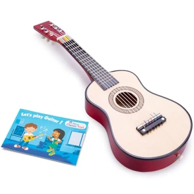 Bild av Nya klassiska leksaker NCT 0344 Gitarrleksak i trä för småbarn 3 pojkar och flickor Babypresenter, musikinstrument barn tre år gamla, inklusive musikbok, Naturel