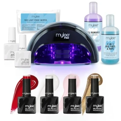 Bild av Mylee Complete Professional Gel Nagellack Kit, 4x Färger, Top &amp; Base Coat, PRO Convex Curing LED lampa, Prep Wipe Solution, Remover, 100x luddfria våtservetter (Jul)