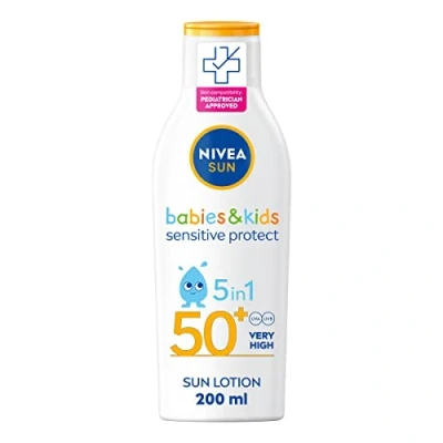 Bild av NIVEA SUN barn skyddar &amp; känslig sollotion (200 ml) solskydd med SPF 50+, solkräm för hud, omedelbart mot solexponering