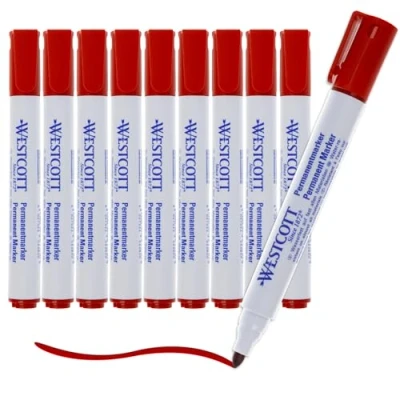 Bild av Westcott Permanent Marker 10 stycken röd värdepaket vattentäta markörpennor 1,53,0 mm kulspets ljussnabb, snabbtorkande, fläckbeständig E 713006 00