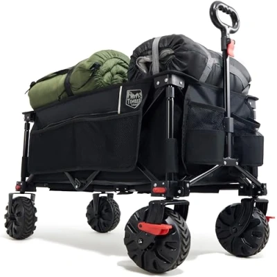 Bild av TIMBER RIDGE XXL rullvagn, vikbar, breda däck med broms, strandvagn sidoficka, mugghållare, justerbart handtag, trädgårdsvagn för alla terränger, utomhus, shopping, 100 kg lastkapacitet