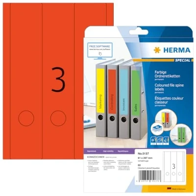 Bild av HERMA 5137 mappetiketter A4 bred/lång (61 x 297 mm, 20 ark, papper, matt) självhäftande, utskrivbara, permanenta mappa ryggetiketter, 60 filetiketter, röd