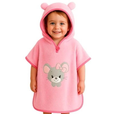 Bild av Morgonstjärna badponcho barn baby flicka pojkar 100 % bomull OEKO TEX babybadhandduk, huvhandduk, badrock frotté, Rosa mus, 1 3 år