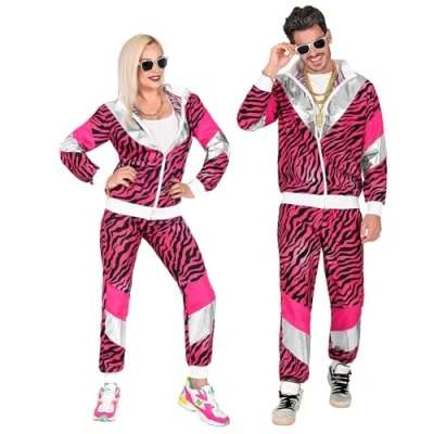 Bild av W WIDMANN MILANO Party Fashion Kostym 80 talet träningsoverall tiger, lyser under UV ljus, rosa, jacka och byxor, djurtryck, joggingdräkt, retrostil, badknapp fest, karneval