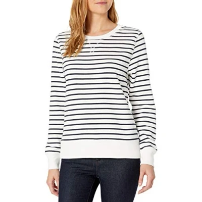 Bild av Amazon Essentials dam fransk frotté fleece rund hals sweatshirt (finns i plusstorlek), Vit randig, XS
