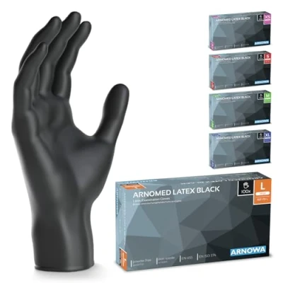 Bild av ARNOMED latex engångshandskar L, svarta, puderfria, 200 st/ask, engångshandskar, latexhandskar finns i storlekarna XS, S, M, L &amp; XL.