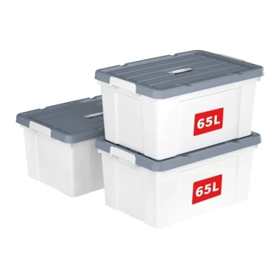 Bild av Cetomo 65 L x 3 förvaringslådor, plastförvaringslåda med lock, organiseringsbehållare handtag och säkra spärrspännen, stapelbar, kapabel, tygkorg för hemmakontor, pack, vit