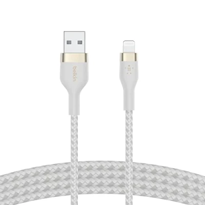 Bild av Belkin BoostCharge Pro Flex flätad USB typ A till Lightning kabel (1 m/3,3 fot), MFi certifierad laddningskabel för iPhone 14/14 Plus, 13, 12, Pro, Max, Mini, SE, iPad med mera vit
