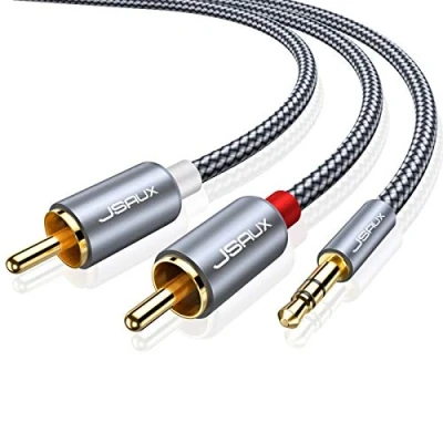 Bild av JSAUX RCA kabel, [2,0 m/2 m, dubbelskärmad guldpläterad] 3,5 mm hane till 2 stereo ljudadapter koaxialkabel nylon flätad AUX Y kabel för smartphones, MP3, surfplattor, högtalare, HDTV [grå]