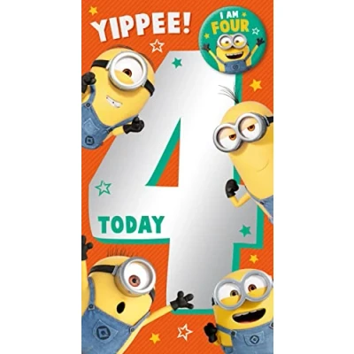 Bild av Ålder 4 Minions kort, Grattis på 4:e födelsedagskort Minions, Despicable Me Age födelsedagskort,
