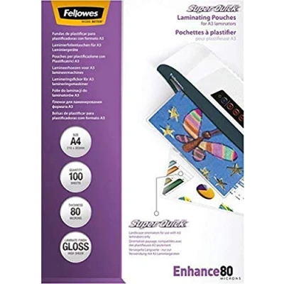 Bild av Fellowes Lamineringsfolie A4 SuperQuick, 80 mikron (2 x mic), förseglad på långsidan, för A3 lamineringsapparater, 100 stycken