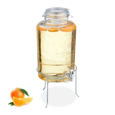 Bild av Relaxdays Dryckesdispenser med stativ, limobehållare 8 l, kran, vattendispenser, glas, strykförslutning, transparent