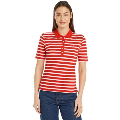 Bild av Tommy Hilfiger dam 1985 Reg Pique Stripe Polo Ss S/S pikétröjor, blå, XL, Breton ökenhimmel/Ecru, XL