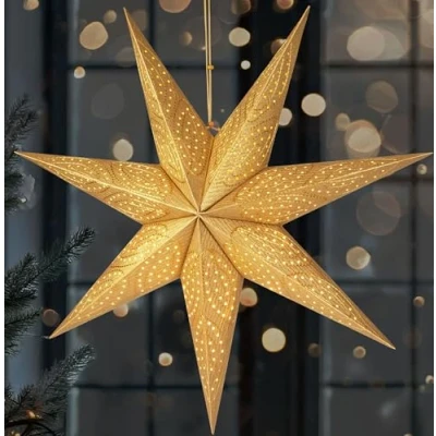 Bild av BRUBAKER 60 cm Pappersjulstjärna att Hänga LED Adventstjärna för Juldekoration och Fönster Pappersstjärna 3D med Timerfunktion Hängande Ljusstjärna Tändbar Batteri Guld
