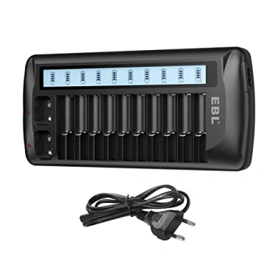 Bild av EBL 999 universal batteriladdare för batteri AA/AAA/9V block/litiumjon/NiMH/NiCd, 12 laddningsfack, LCD display och LED lampor, multibatteriladdare