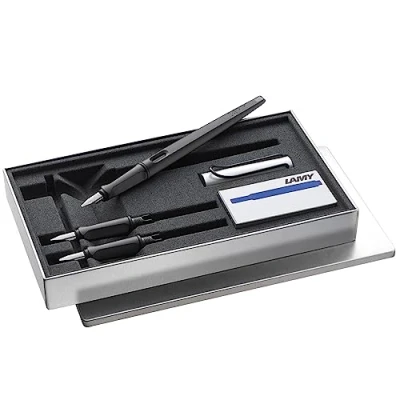 Bild av Lamy joy AL svart kalligrafifyllnadsset vackert skrivbläckpennor med 3 olika Fjädrar (1,1/1,5/1,9 mm) reservoarpenna dragfjäder och ergonomiskt handtag inkl. 5 bläckpatroner T 10 blå