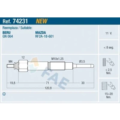 Bild av FAE 74231 Bougie de préchauffage 11V M 10x1,25 MAZDA: 5, 6 5 portes, Break