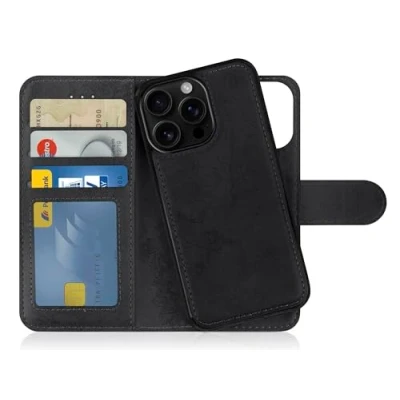 Bild av MyGadget Fodral kompatibelt med iPhone 16 Pro Magnetiskt plånboksfodral Flip Wallet Case Avtagbar PU Läder Korthållare Svart