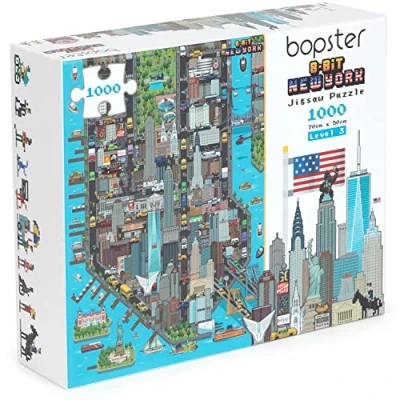 Bild av 1 000 bitar pussel för vuxna New York 8 bitars retrostil gåvor tillverkad med 100 % återvunnen kartong nivå 3 av bopster