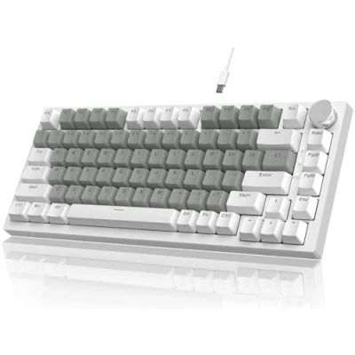 Bild av YINDIAO Ajazz AK820 Mekaniskt Tangentbord med Ratt,75% ANSI Layout,81 Tangenter Trådbundet Speltangentbord,5 Ljudabsorberande Skum,Hot Swap,Linjär Switch,Vitt Ljus,för PC,MAC,PS4 (Vit &amp; Grå)