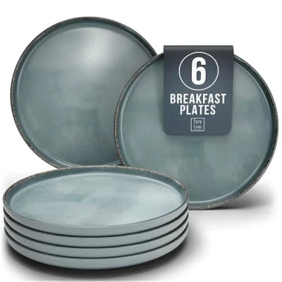 Bild av Frukosttallrik, desserttallrikar, set med 6 stengods Rustic moderna tårttallrikar, diskmaskinssäkra små tallrikar, salladstallrikar, mattallrikar Pure Living porslin i rökblått