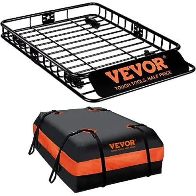 Bild av VEVOR Lastkorg för takräcke, 130,5 x 91,5 12,7 cm lasthållare tak med 15 cu ft vattentät lastväska, 90 kg kapacitet Universal SUV, lastbil