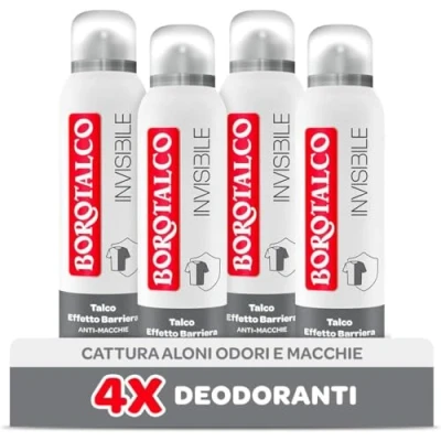 Bild av Borotalco, Osynlig deodorant spray för män, med skyddande talk, fläckfri, alkoholfri, myskparfym, 72 h effektivitet 4 stycken på 150 ml Amazon exklusiv
