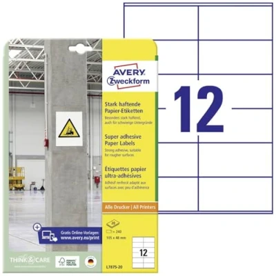 Bild av AVERY Zweckform L7875 20 Starka självhäftande etiketter (240 klistermärken, 105 x 48 mm på A4, extremt stark självhäftande, även för svåra ytor, tryckbara power etiketter) ark, vit