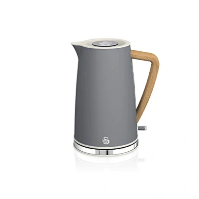 Bild av Swan Nordic ultra snabb elektrisk vattenkokare, sladdlös, modern design, 1,7 l, 2 200 W, trähandtag, automatisk avstängning, grå