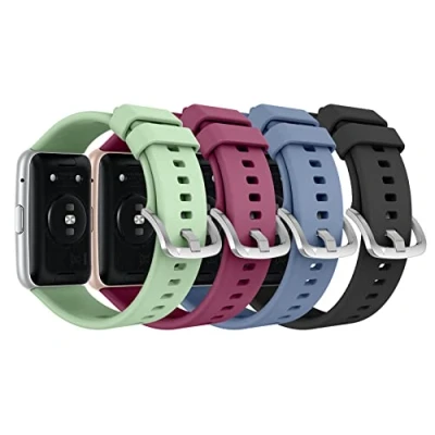 Bild av MoKo 4 PACK Watch Strap Compatible with Huawei Fit Active/Elegant, Soft Silicone Replacement Band Bracelet Wristband Adjustable Clasp, Green/Wine Red/Blue Gray/Black