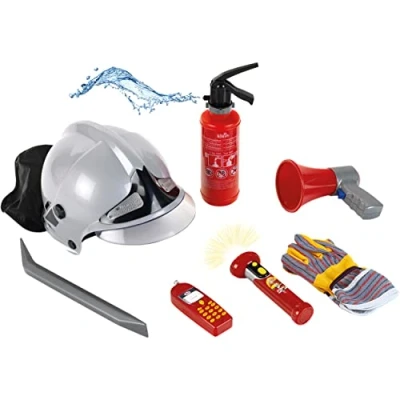 Bild av Theo Klein 8928 Bosch brandkårsset Set i 7 delar med hjälm, ficklampa och mycket annat Brandsläckare sprutfunktion Förpackningens mått: 52,4 cm x 35 20 Leksak för barn från 3 år