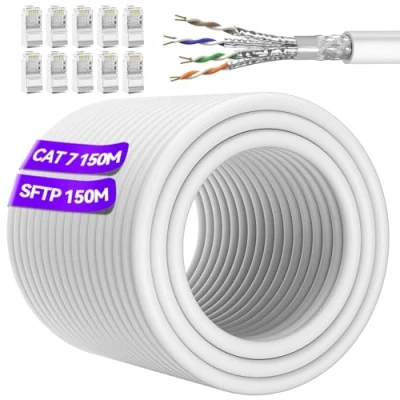 Bild av Lan kabel Cat 7, Ethernet utomhus Nätverkskabel 7 150meter läggningskabel, wifi 10 Gbps 600 MHz SFTP RJ45 skärmad patchkabel vit internet installationskabel