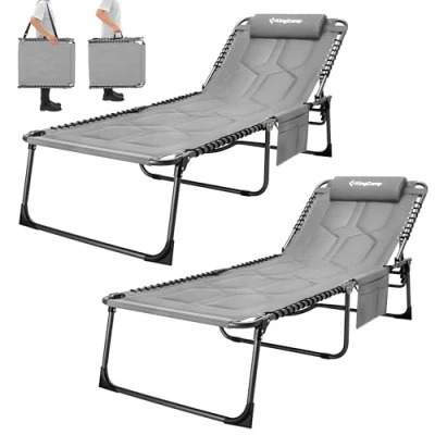 Bild av KingCamp Överdimensionerad solstol vikbar 5 vägs justerbar trädgårdsstol med trebensstol campingstol kudde och sidoficka upp till 150 kg för trädgård semester strand pool 200 x 68 cm